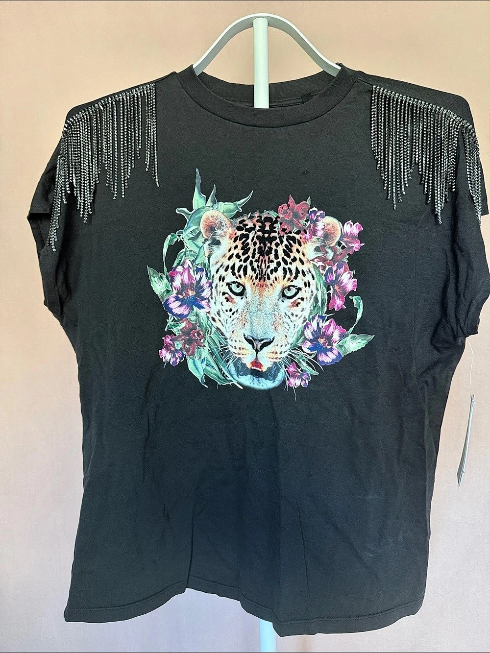 GUESS Leopard Metal Fringe Tee in Black Size Medium NWT